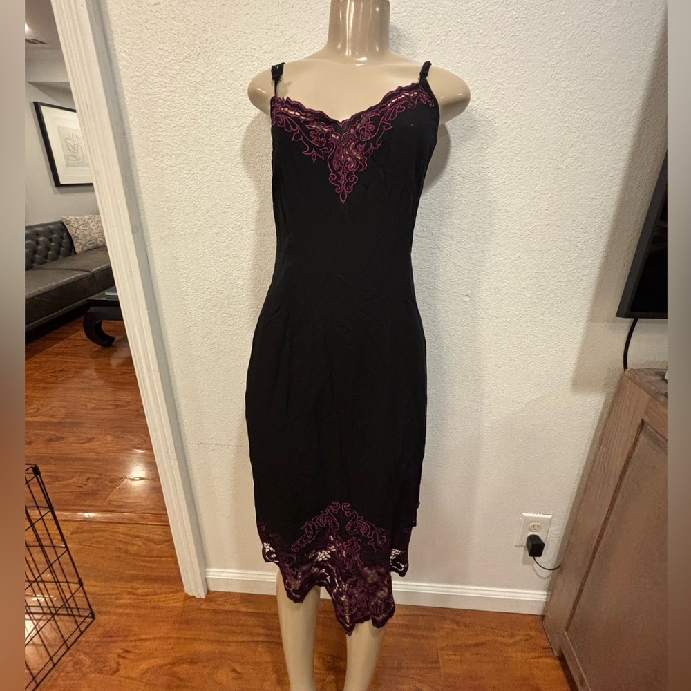 Oceania Black Slip Dress with Plum Lace Trim